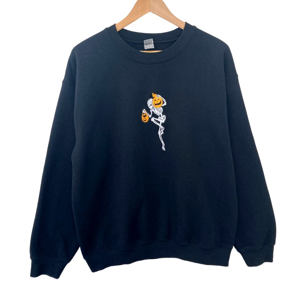 4:12 The Label Embroidered Skeleton Pumpkins Spooky Halloween Fleece Sweatshirt